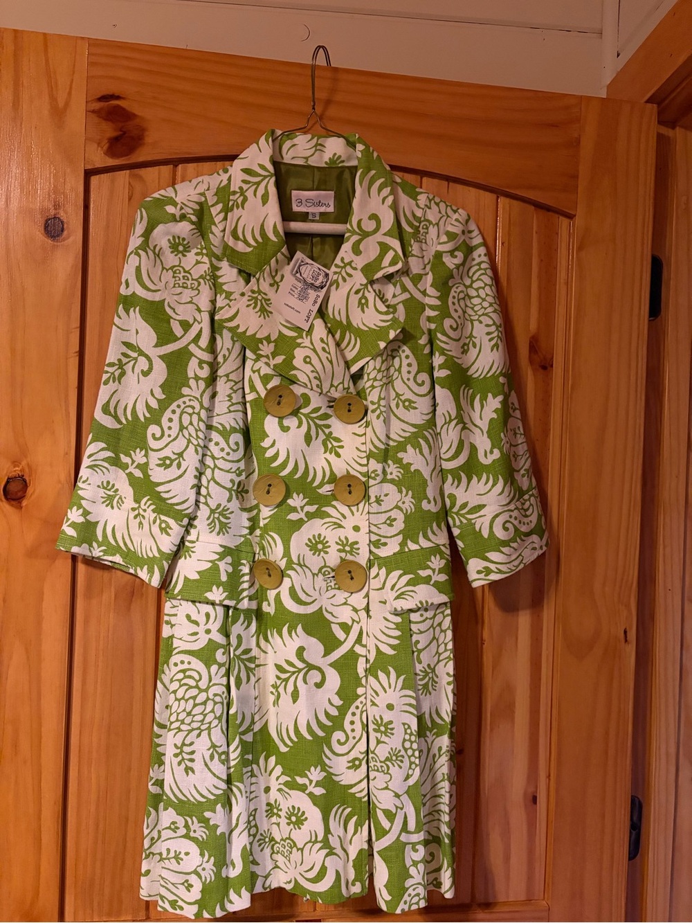 Green & White Floral Double-Breasted Women's Dress Jacket